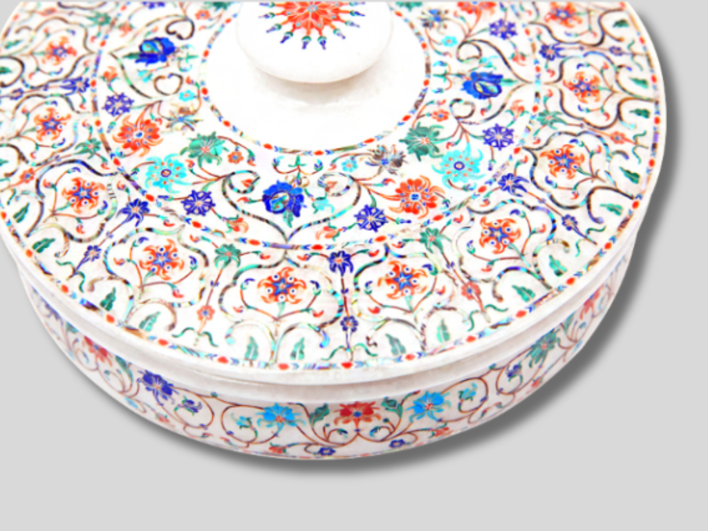 Italian Marble Jewelry Storage Box Floral Fine Marquetry Inlay Design Semi Precious Multi color Stone